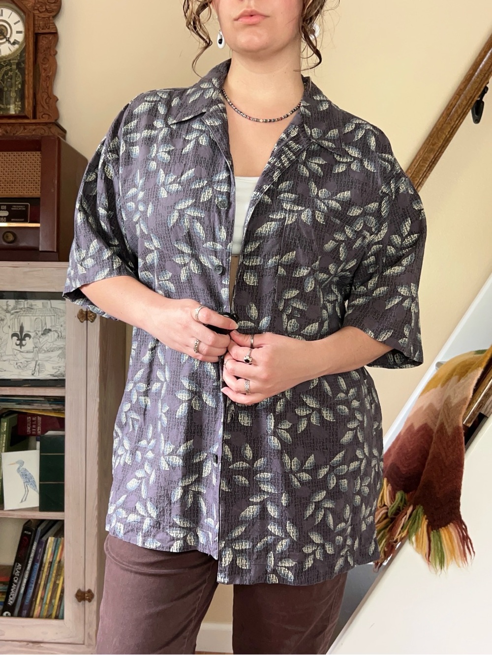 Vintage 100% Silk Purple Artsy Button Up Hawaiian Shirt Oversized Boxy Large